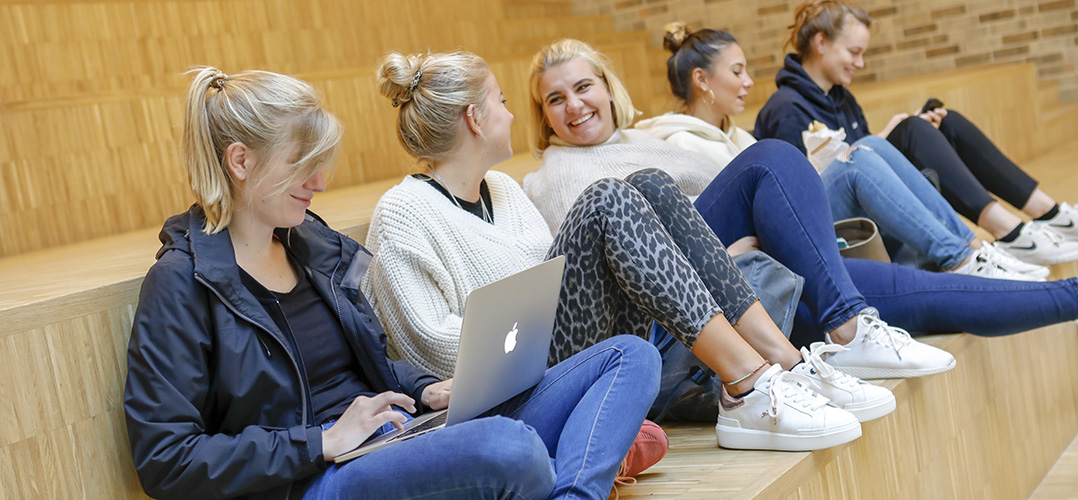 Das Bild zeigt fünf Personen, die auf einer hölzernen Stufenkonstruktion sitzen. Eine Person benutzt ein Apple MacBook. Alle tragen lässige Kleidung, darunter Jeans und Sneakers. Der Hintergrund besteht aus einer Wand mit Holzverkleidung.