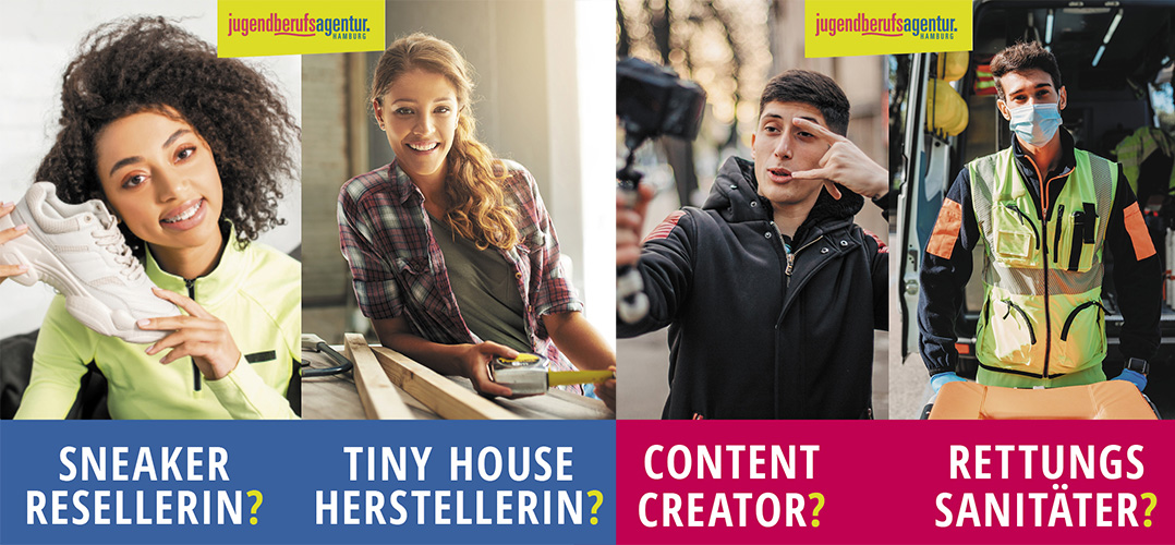 Das Bild ist in vier Abschnitte unterteilt und zeigt vier Personen, die unterschiedliche Aktivitäten nachgehen. Unter den Personen steht: "SNEAKER RESELLING?, TINY HOUSE ERSTELLERIN?, CONTENT CREATOR?, RETTUNGSSANITÄTER?" Das Bild hat die Aufschrift der Jugendberufsagentur Hamburg