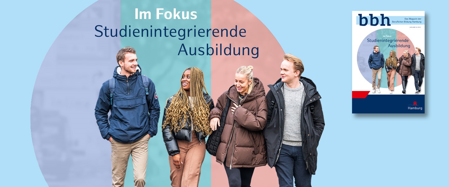 Auf dem Bild sind vier Personen vor einem bunten Hintergrund zu sehen, die alle in die gleiche Richtung und auf die Kamera zugehen. Das Bild trägt die Überschrift: "Im Fokus: Die studienintegrierende Ausbildung". Rechts davon ist eine kleine Broschüre mit dem gleichen Titelbild und der gleichen Überschrift zu sehen.