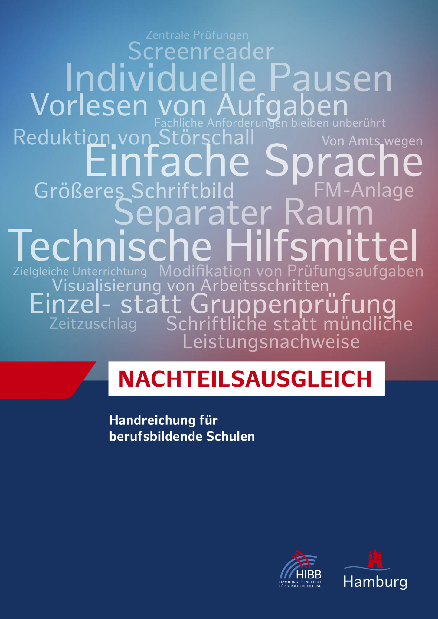 Das Bild zeigt die Titelseite der Broschüre. Im oberen Teil werden Begriffe zum Nachteilsausgleich wie zum Beispiel einfache Sprache, separater Raum, technische Hilfsmittel in weißer Schrift vor hellblauen und rötlichen Hintergrund geschrieben. im unteren Teil steht auf dunkelbauen Grund der Broschürentitel