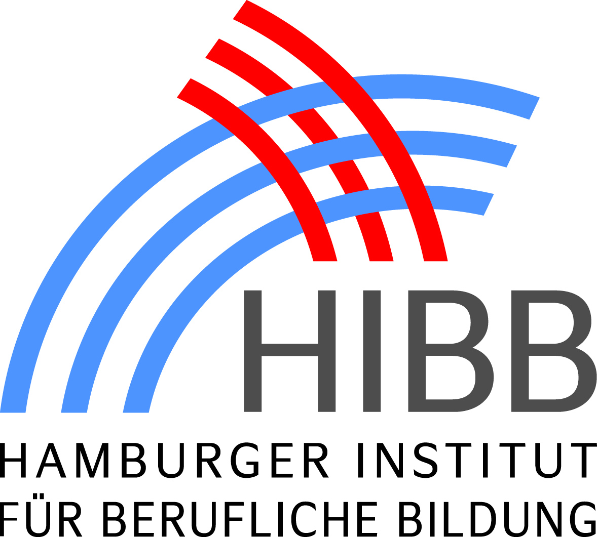 Das Bild zeigt das Logo des HIBB. 3 hellblaue Linien laufen in einem viertel Kreis von links unten nach rechts oben und werden von 3 roten Linien gekreuzt. Darunter stehen die Buchstaben HIBB und ganz unten steht Hamburger Institut für Berufliche Bildung