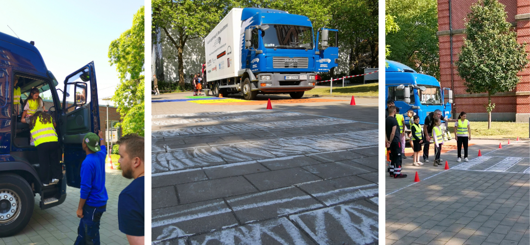 Das Bild zeigt eine Verkehrssicherheitsveranstaltung, bei der Kinder und Erwachsene über die Gefahren und Sicherheitsmaßnahmen im Straßenverkehr aufgeklärt werden. Hier sind die Details: Erstes Foto (links): Ein Kind und ein Erwachsener stehen neben einem blauen LKW. Der Erwachsene trägt eine gelbe Sicherheitsweste und erklärt dem Kind etwas über den LKW. Der Hintergrund zeigt Bäume und einen klaren Himmel. Zweites Foto (Mitte): Ein blauer LKW ist auf einer mit Kreide markierten Straße geparkt. Es gibt Verkehrskegel, die den Bereich um den LKW herum markieren. Die Kreidemarkierungen auf der Straße zeigen möglicherweise die Sichtlinien des Fahrers an. Drittes Foto (rechts): Eine Gruppe von Kindern und Erwachsenen steht neben dem blauen LKW. Einige Personen tragen gelbe Sicherheitswesten. Sie scheinen sich auf einer Art Übung oder Demonstration zu befinden, um die Sichtbarkeit um große Fahrzeuge zu verstehen.