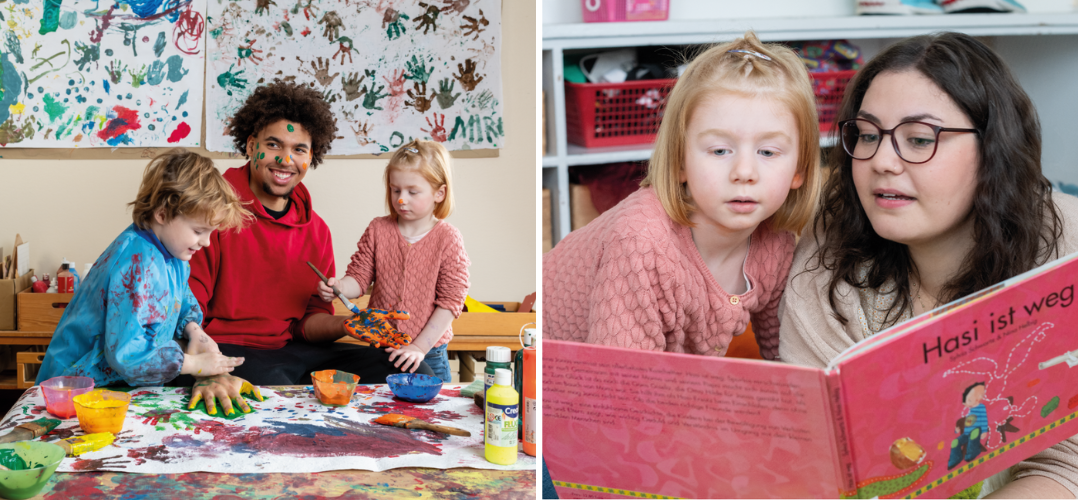 Zwei Bilder. Bild 1: Ein junger Mann mit rotem Hoodie und dunklen Locken lächelt in die Kamera, rechts von ihm ein kleine Mädchen mit rotblondem Haar und einer rosa Strickjacke, links ein blonder Junge mit einem blauen Malkittel. Die Kinder sind etwa 4-5 Jahre alt. Die drei sitzen an einem Maltisch und die Kinder malen die Hände des jungen Mannes an um Handabdrücke zu machen. Bild 2: Eine Nahaufnahme von einer jungen Frau, die dem gleichen kleinen Mädchen aus einem Buch vorliest. Sie hat dunkle wellige Haare und eine Brille. Das Buch ist pink und heißt "Hasi ist weg".